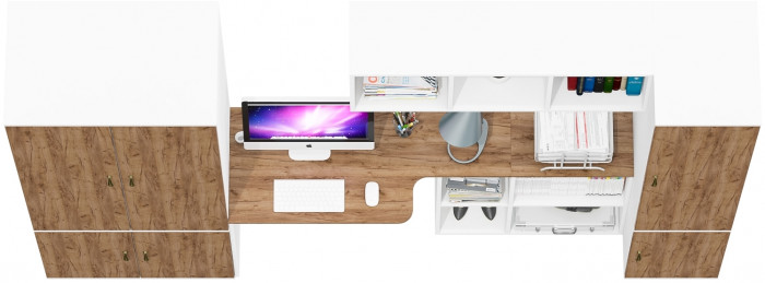 Лидер-8 Шкаф МД 19Б + Стол + Полка + Пенал 23Б, цвет белый шагрень/крафт золото, ШхГхВ 285х50/37,5х75/190 или 195х120х75/190 см., НЕ ун.сб.