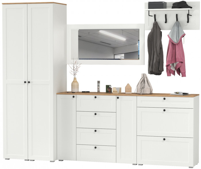 Остин Прихожая 58, цвет белый шагрень/дуб крафт золотой, ШхГхВ 280х54,3х229,6 см., универсальная сборка