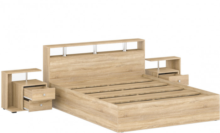 Камелия Кровать 1600 + две тумбы, цвет дуб сонома, ШхГхВ 276х217х78,2 см., сп.м. 1600х2000 мм., без матраса, основание есть
