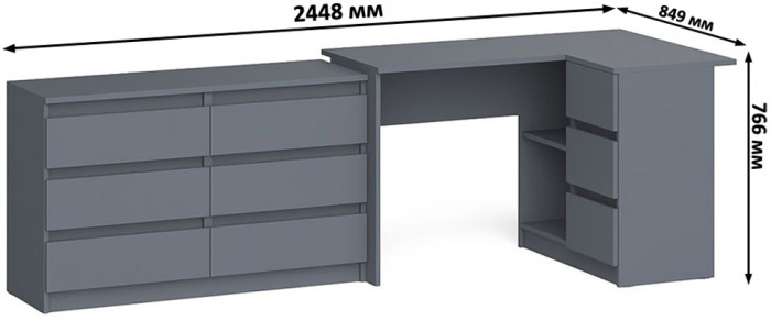 Мори Стол компьютерный МС-16 правый + Комод МК1200.6, цвет графит, ШхГхВ 244,8х84,9х76,6 см., выдвижные ящики справа, НЕ универсальная сборка