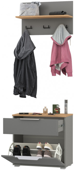 Октава 16.127 Тумба для обуви + 15.14.01 Вешалка, цвет серый графит/дуб крафт золотой/фасады МДФ серый графит, ШхГхВ 64,9х35,4х197 см.