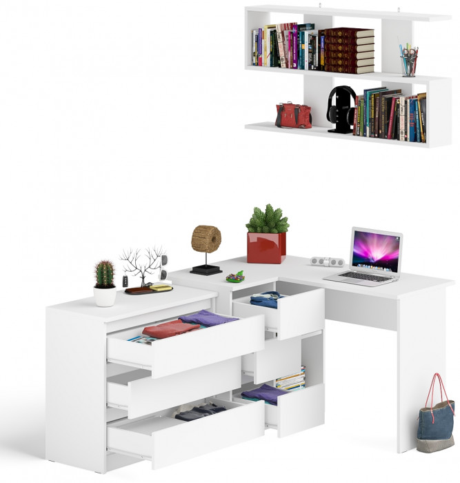 Мори компьютерный стол МС-16 левый + Комод МК800.1 + Полка 1200, белый
