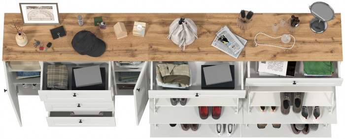 Остин 16.221 Комод + 16.121 Тумба для обуви + 16.121 Тумба для обуви, цвет белый шагрень/дуб крафт золотой, ШхГхВ 280х41,9х99,3 см., ун. сборка