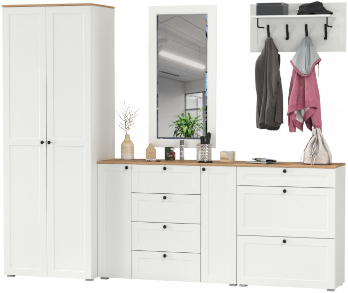 Остин Прихожая 59, цвет белый шагрень/дуб крафт золотой, ШхГхВ 280х54,3х229,6 см., универсальная сборка