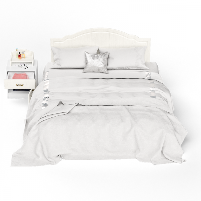 Ливерпуль Кровать 11.08 + основание + ножки + Тумба 08.146 + Полка 10.117, цвет ясень ваниль/белый, ШхГхВ 266х204х112 см, 1600х2000 мм, б/м, орт. есть