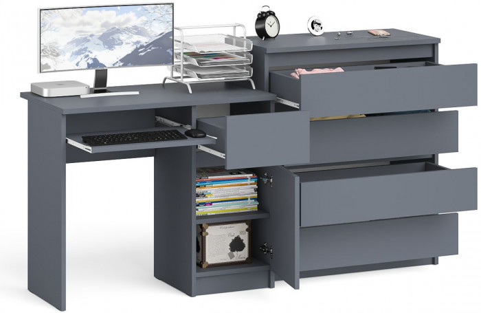Мори компьютерный стол МС-1 правый + Комод МК800.4, графит