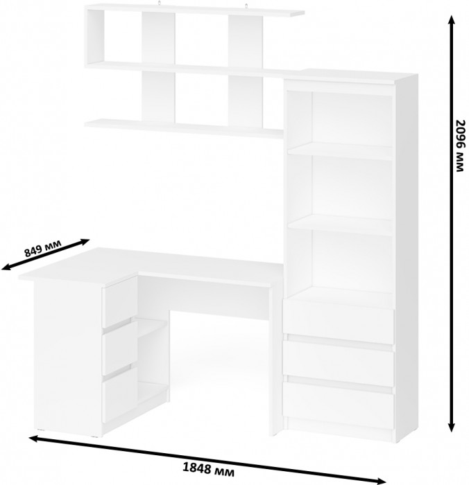 Мори компьютерный стол МС-16 левый + Стеллаж МСТ600.3 + Полка 1200, белый