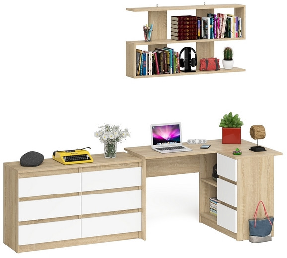 Мори компьютерный стол МС-16 правый + Комод МК1200.6 + Полка 1200, дуб сонома/белый