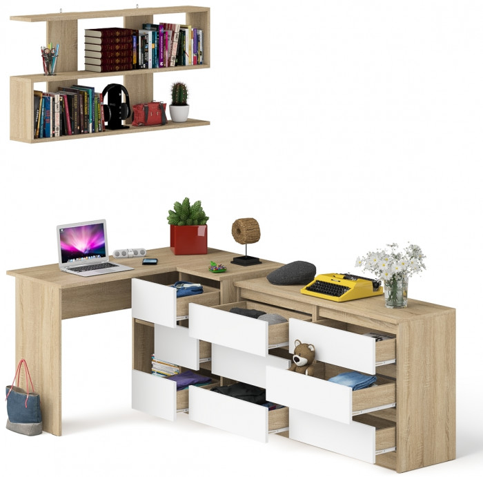 Мори компьютерный стол МС-16 правый + Комод МК1200.6 + Полка 1200, дуб сонома/белый
