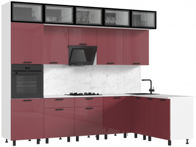 Кухня Техно 3,0х1,8/1080м Компоновка №8, Белый/Марсала глянец