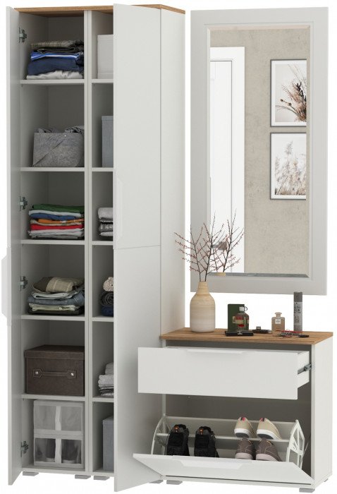 Октава Прихожая 43, цвет белый шагрень/дуб крафт золотой/фасады МДФ белый шагрень, ШхГхВ 129,3х35,4х197,6 см., универсальная сборка