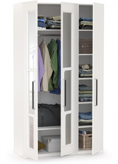 Валенсия Спальня Шкаф для одежды 3-х створчатый с зеркалами, ЛДСП белый шагрень/МДФ белый шагрень