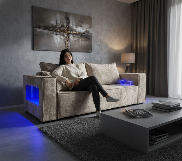 Диван-кровать Лофт Люкс Плюш с подсветкой, еврокнижка, пружинный блок, 140х195, бежевый