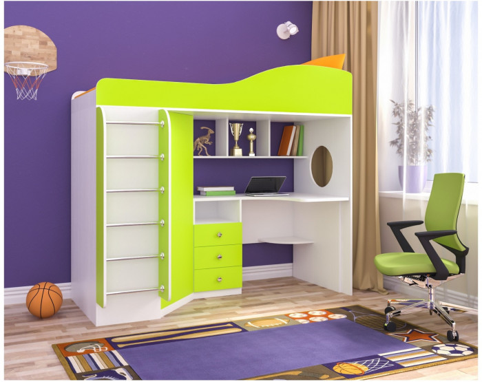 Кровать-чердак Кадет 1 с металлической лестницей (Белое дерево/Голубой)