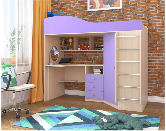 Кровать-чердак Кадет 1 с металлической лестницей (Белое дерево/Голубой)