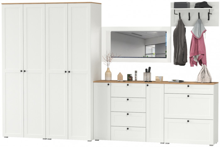 Остин Прихожая 60, цвет белый шагрень/дуб крафт золотой, ШхГхВ 360х54,3х229,6 см., универсальная сборка