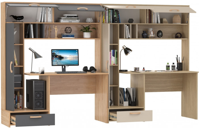 Два Стола письменных Лайт 03.243Н, цвет гикори рокфорд натуральный/тёмно-серый/плэйн/сатин, ШхГхВ 300,4х57,3х179,9 см., НЕ универсальная сборка