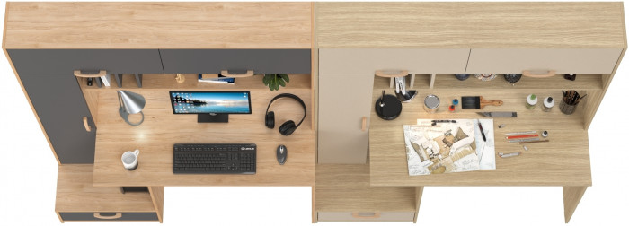 Два Стола письменных Лайт 03.243Н, цвет гикори рокфорд натуральный/тёмно-серый/плэйн/сатин, ШхГхВ 300,4х57,3х179,9 см., НЕ универсальная сборка