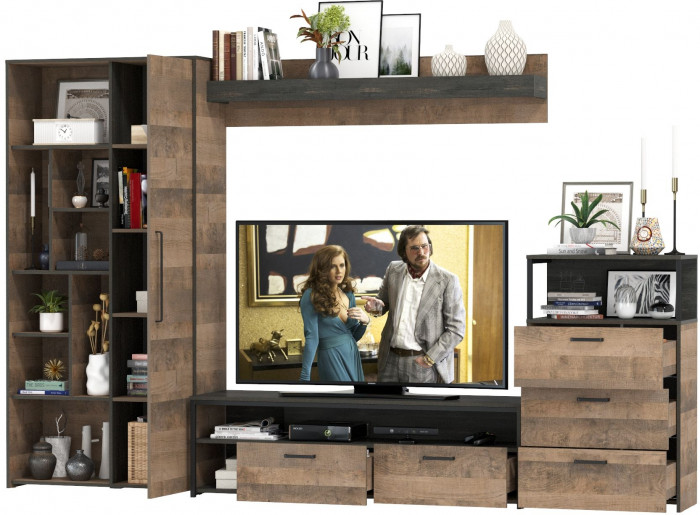 Трувор Гостиная 089, цвет дуб гранж песочный/интра, ШхГхВ 308,8х45,4х194,2 см., универсальная сборка