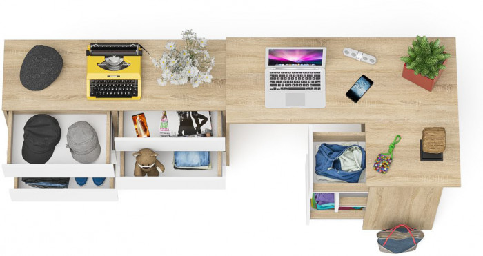 Мори Стол компьютерный МС-16 правый + Комод МК1200.6, цвет дуб сонома/белый, ШхГхВ 244,8х84,9х76,6 см., выдвижные ящики справа, НЕ универс. сборка