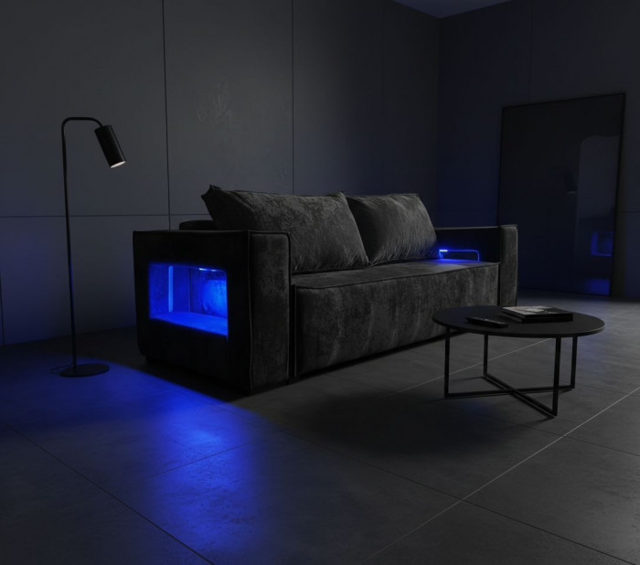 Диван-кровать Лофт Люкс Плюш с подсветкой, еврокнижка, 140х195, черный