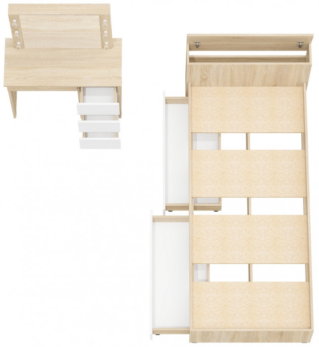 Ксения Кровать с ящиками 0900 + Стол косметический с подсветкой Сура, дуб сонома/белый