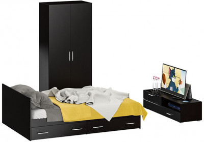 Спальня Стандарт 3-1400Я, венге/фасады ТВ тумбы МДФ чёрный глянец