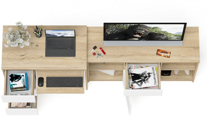 Мори компьютерный стол МС-6 левый + Тумба МТВ1204.1, дуб сонома/белый