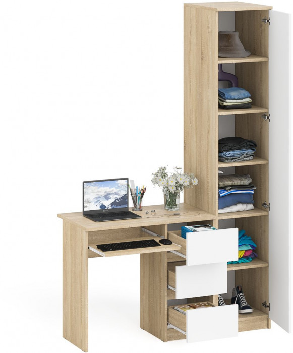 Мори компьютерный стол МС-6 правый + Пенал МШ400.1, дуб сонома/белый