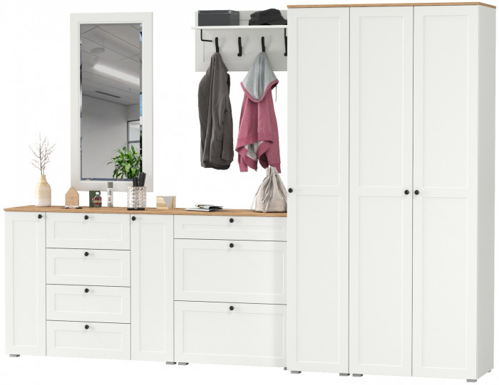 Остин Прихожая 61, цвет белый шагрень/дуб крафт золотой, ШхГхВ 320х54,3х229,6 см., универсальная сборка