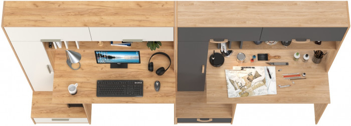 Два Стола письменных Лайт 03.243Н, цвет дуб крафт золотой/белый премиум/гикори рокфорд натуральный/тёмно-серый, ШхГхВ 300,4х57,3х179,9 см., НЕ ун. сб.