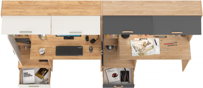 Два Стола письменных Лайт 03.243Н, цвет дуб крафт золотой/белый премиум/гикори рокфорд натуральный/тёмно-серый, ШхГхВ 300,4х57,3х179,9 см., НЕ ун. сб.