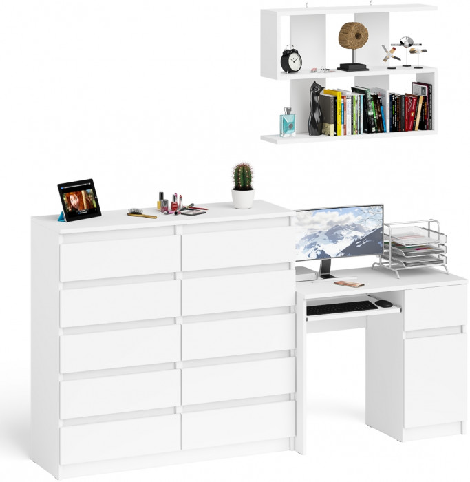 Мори компьютерный стол МС-1 правый + Комод МК1200.10 + Полка 900, белый