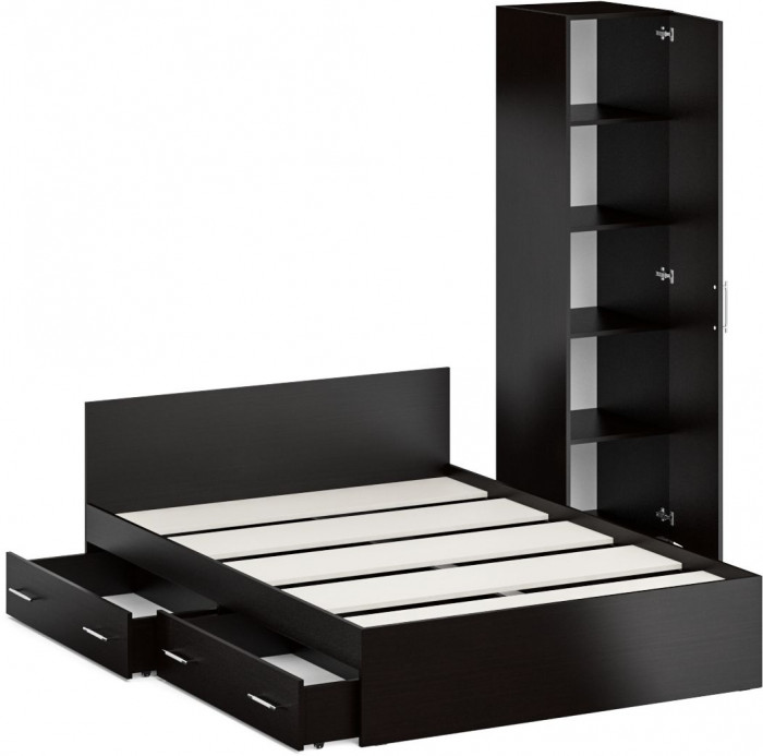 Кровать с ящиками 1400 + Пенал Стандарт, цвет венге, ШхГхВ 143,5х203,5х70 + 45х52х200 см., сп.м. 1400х2000 мм., без матраса, основание есть