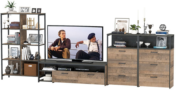 Трувор Гостиная 100, цвет дуб гранж песочный/интра, ШхГхВ 371,8х45,4х146 см., универсальная сборка