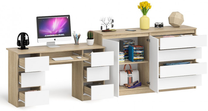 Мори компьютерный стол МС-2 + Комод МК1600.1, дуб сонома/белый
