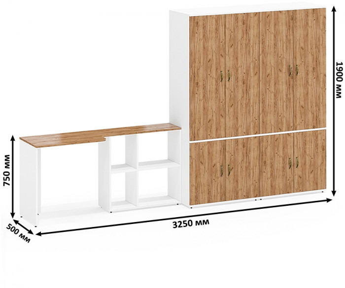 Лидер-8 Стол + Шкаф МД 19Б + Шкаф МД 19Б, белый шагрень/крафт золото