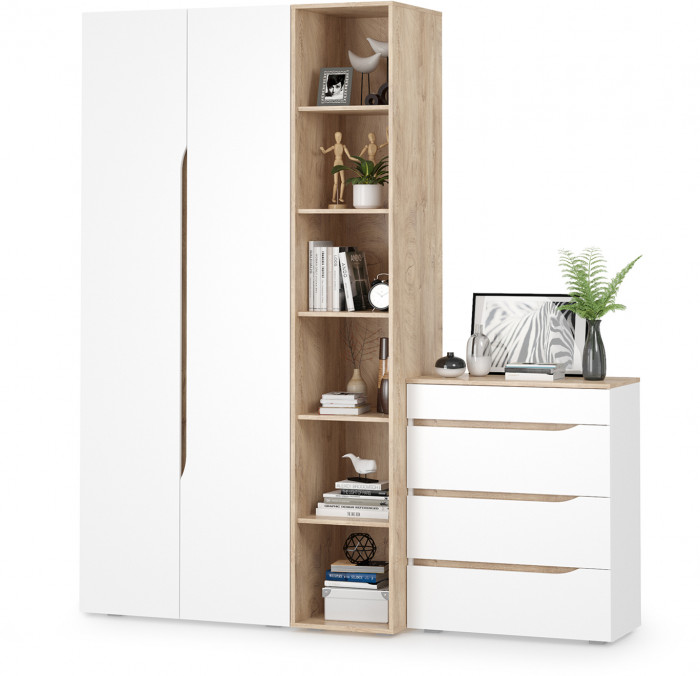 Муссон 13.198 Шкаф двухстворчатый + 13.349 Стеллаж + 13.97 Комод, белый/дуб эндгрейн элегантный