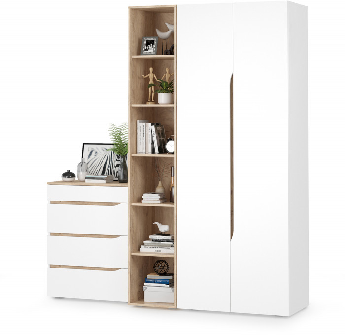 Муссон 13.198 Шкаф двухстворчатый + 13.349 Стеллаж + 13.97 Комод, белый/дуб эндгрейн элегантный