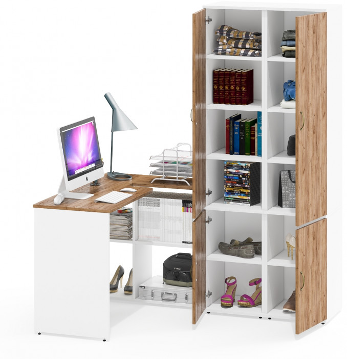 Лидер-8 Стол + Пенал МД 22Б + Пенал МД 22Б, цвет белый шагрень/крафт золото, ШхГхВ 245х50/37,5х75/190 или 115х160/50х75/190 см., НЕ ун. сборка