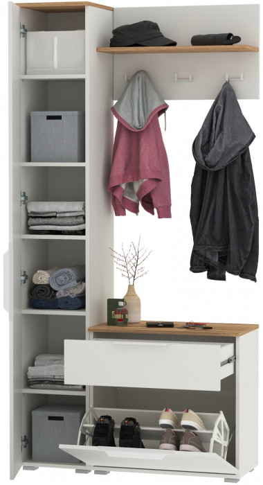 Октава Прихожая 14, цвет белый шагрень/дуб крафт золотой/фасады МДФ белый шагрень, ШхГхВ 97,1х35,4х197,6 см., универсальная сборка