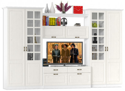 Ливерпуль Набор мебели 3, цвет ясень ваниль/белый, ШхГхВ 340х49,3х220,3 см.(без учёта карниза), ниша для тв 140х49х90 см.