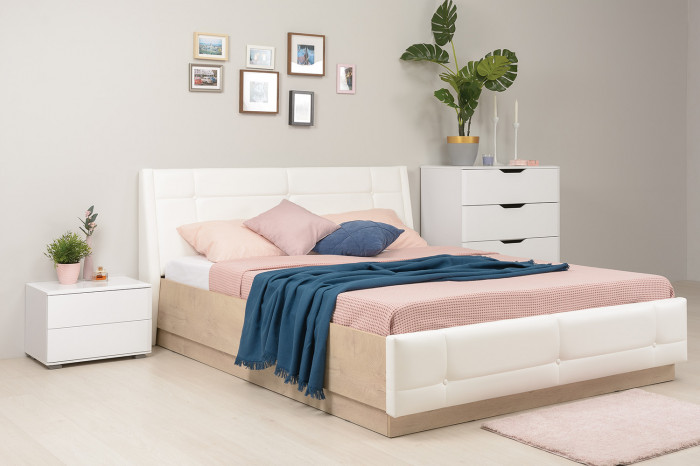 Муссон 11.28 Кровать БЕЗ ортопеда, цвет ЛДСП дуб эндгрейн элегантный/искусственная кожа белая, ШхГхВ 177,2х224х95,3 см., сп. м. 1600х2000 мм, б/м, б/о