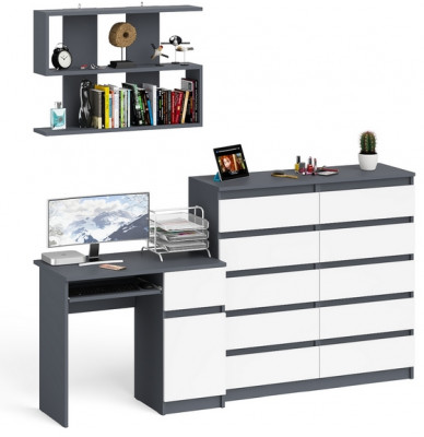 Мори компьютерный стол МС-1 правый + Комод МК1200.10 + Полка 900, графит/белый
