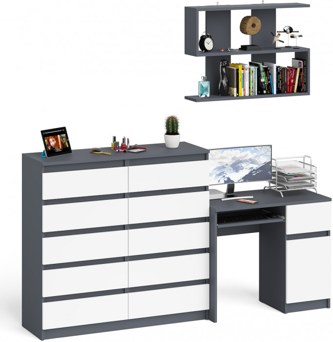 Мори компьютерный стол МС-1 правый + Комод МК1200.10 + Полка 900, графит/белый