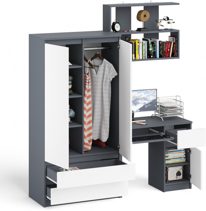 Мори компьютерный стол МС-1 правый + Шкаф МШ900.1 + Полка 900, графит/белый
