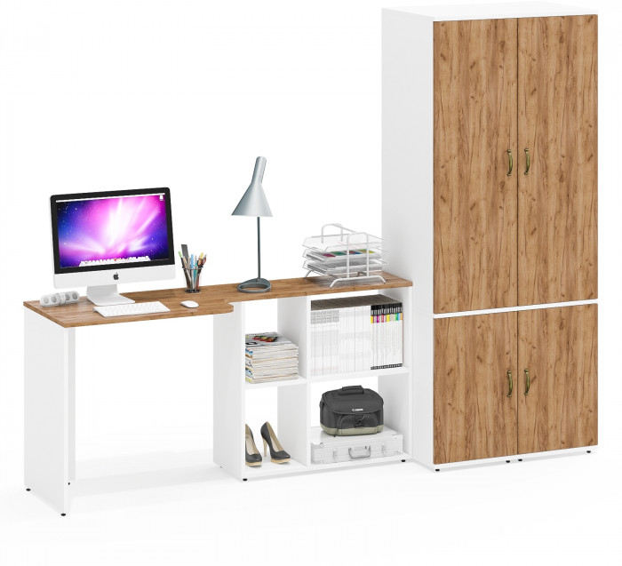 Лидер-8 Стол + Пенал МД 23Б + Пенал МД 23Б, цвет белый шагрень/крафт золото, ШхГхВ 245х50х75/190 или 115х160/50х75/190 см., НЕ ун. сборка