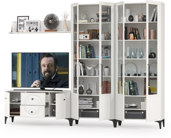 Валенсия Гостиная № 064, цвет ЛДСП белый шагрень/МДФ белый шагрень, ШхГхВ 301,3х38,3х225,2 см., ниша для ТВ 133х38х117 см.