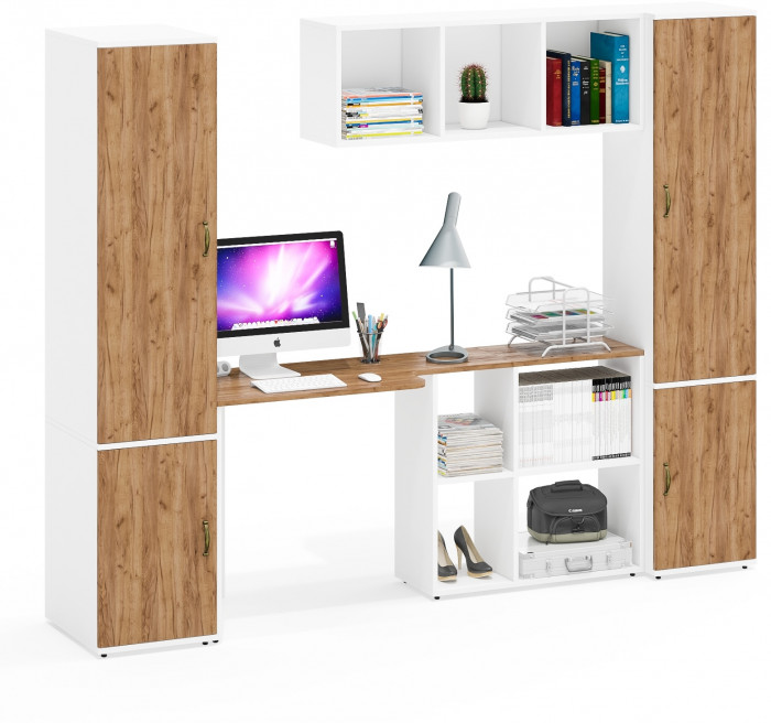 Лидер-8 Пенал МД 23Б + Стол + Полка + Пенал 21Б, белый шагрень/крафт золото