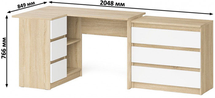 Мори Стол компьютерный МС-16 левый + Комод МК800.1, цвет дуб сонома/белый, ШхГхВ 204,8х84,9х76,6 см., выдвижные ящики слев, НЕ универсальная сборкаа